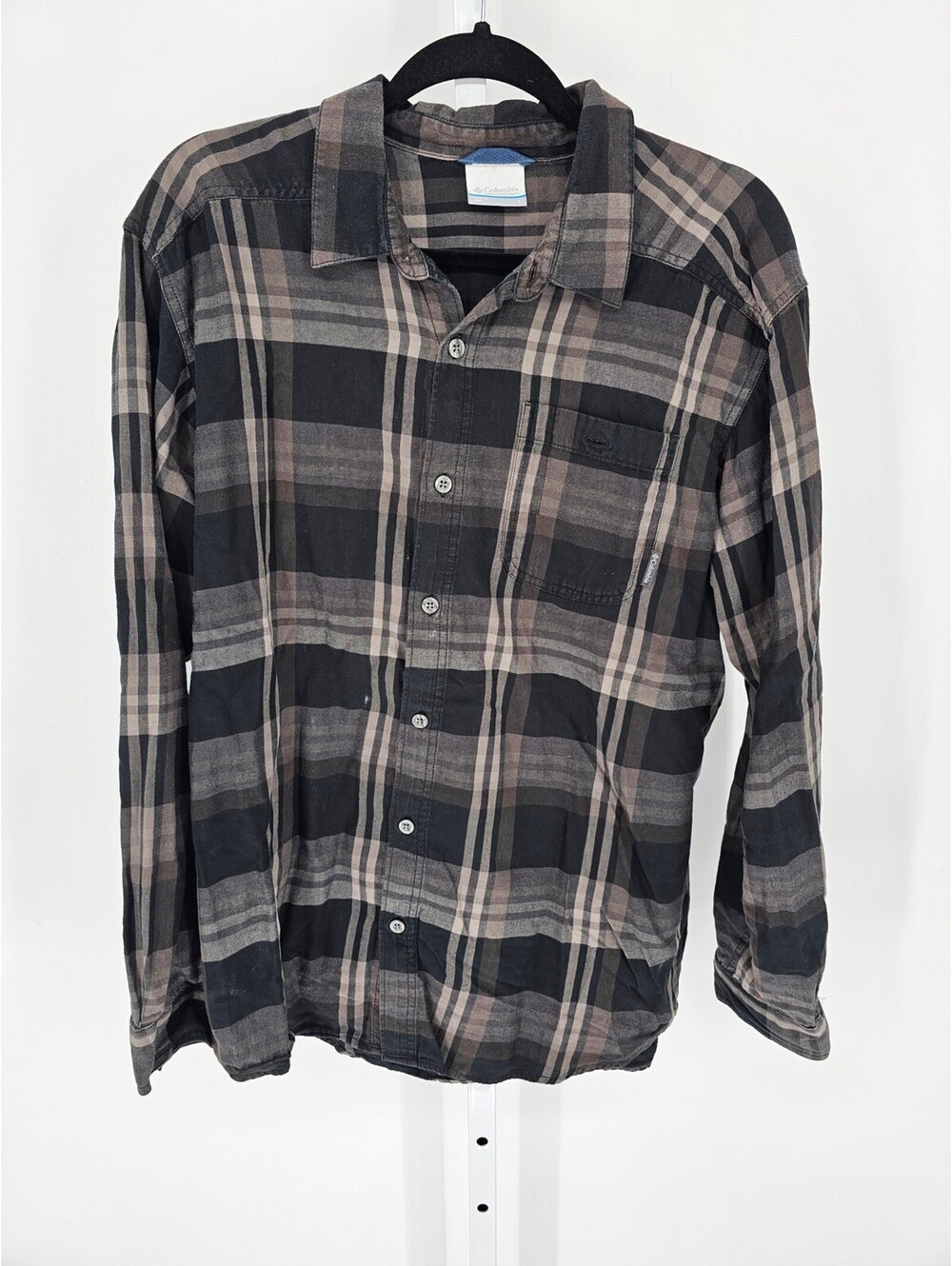 Columbia Mens Sz L Long Sleeve Button Up Plaid Shirt Brown Gray 100% Cotton